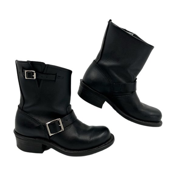 Frye Shoes - Frye Black Leather Block Heeled Boots | Buckle Accent